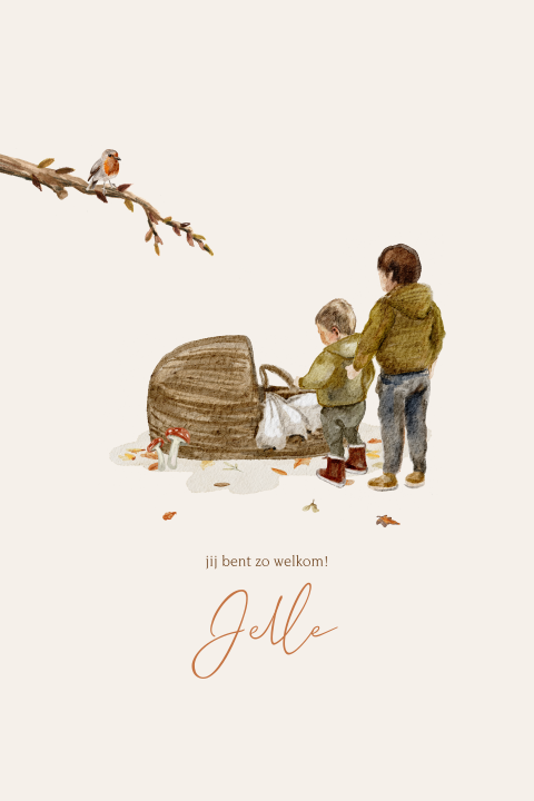 Geboortekaartje derde kindje getekend herfst wiegje broertje