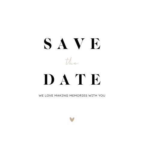 Minimalistische save the date kaart met klassiek lettertype en hartje