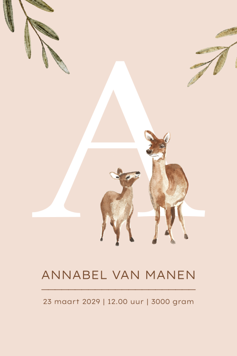 roze-poster-kinderkamer-initiaal-hertjes-takjes