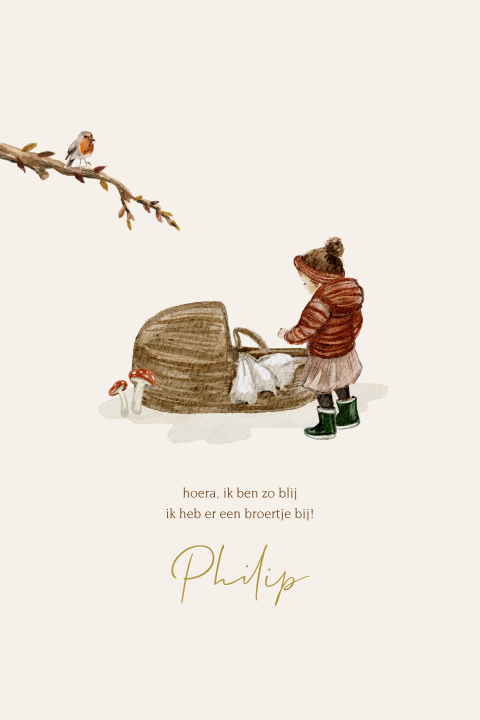 Herfst geboortekaartje broertje getekend met zusje bij een baby mandje