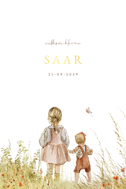 Geschilderd geboortekaartje zomer zusje in aquarel meisje folie