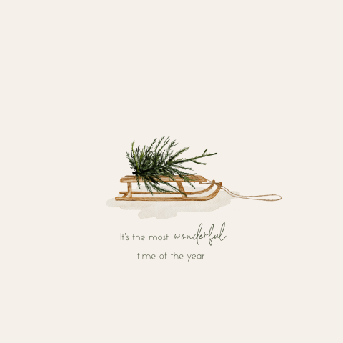 Kerstkaart getekend met illustratie met kerstboom op slee