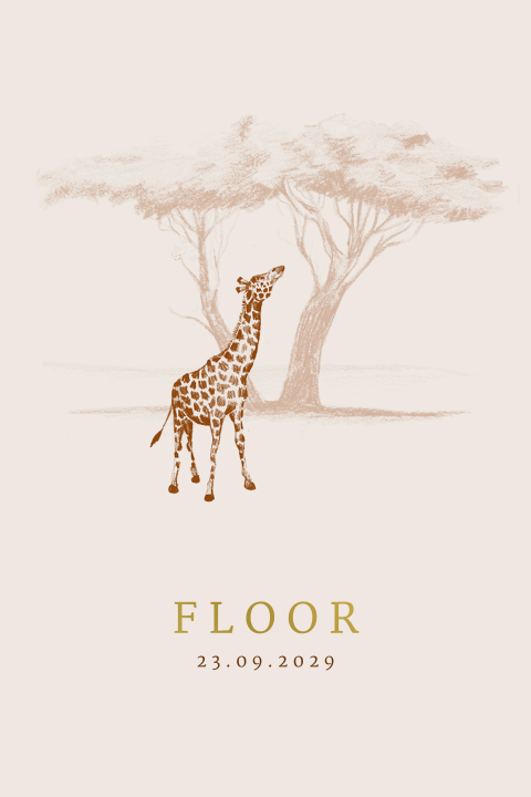 Jungle geboortekaartje met goudfolie en een giraffe bij een boom