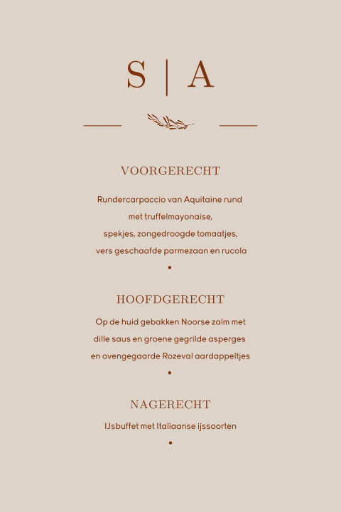 Taupe menukaart met takje en initialen