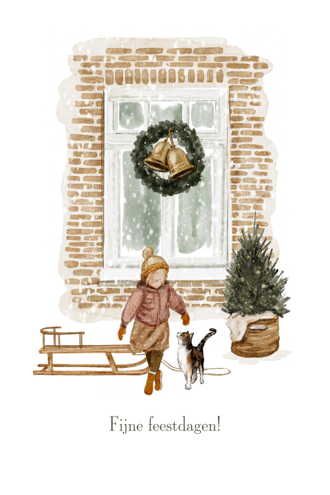 Kerstkaart getekend illustratie raam kerstboom slee