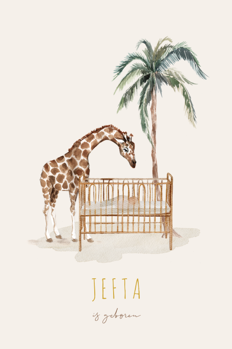 Jungle geboortekaartje giraffe bij een ledikant en palmboom