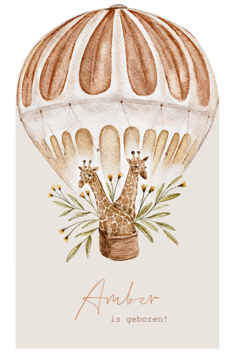 Geboortekaartje stansvorm met luchtballon en giraffen met takjes
