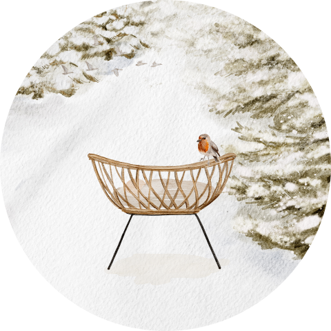 Sluitsticker winter geboortekaartje wiegje in sneeuw