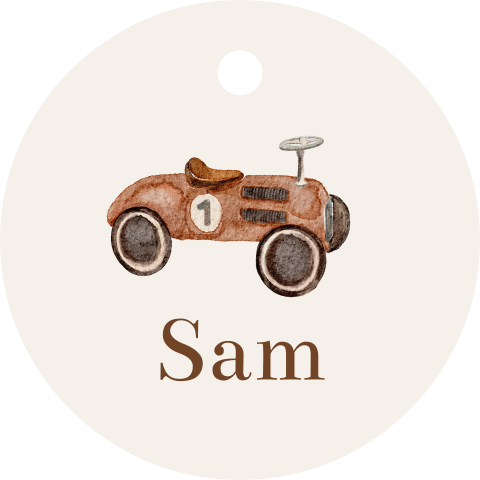 Rond label doopsuiker traktatie geboorte met vintage loopauto 16 stuks