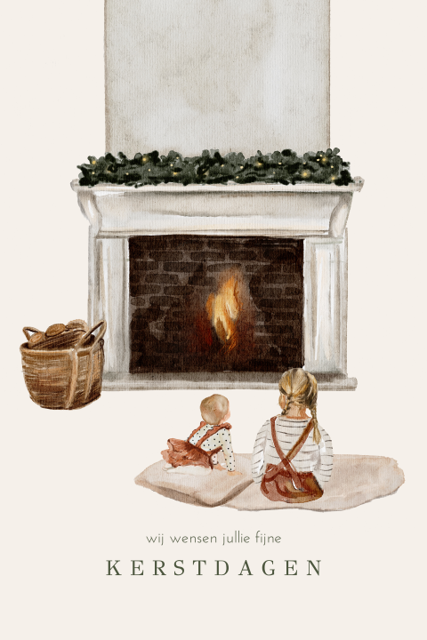 Kerstkaart illustratief meisjes bij open haard