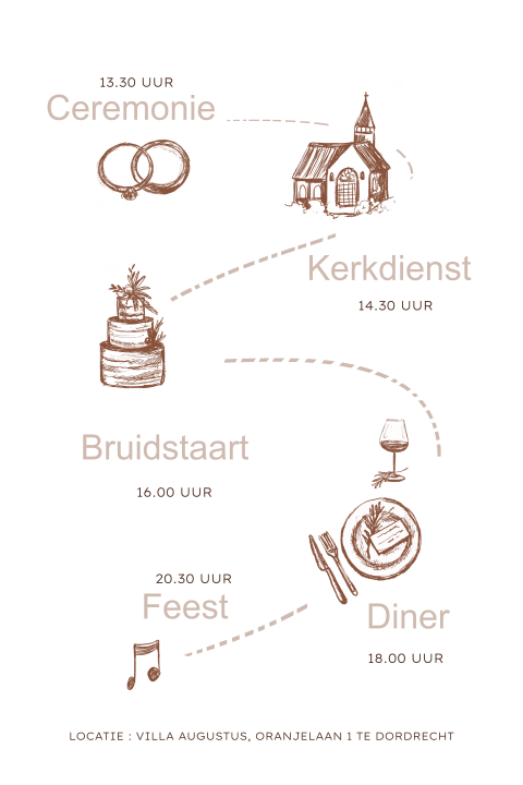 Dagprogramma bruiloft oudroze met pentekeningen