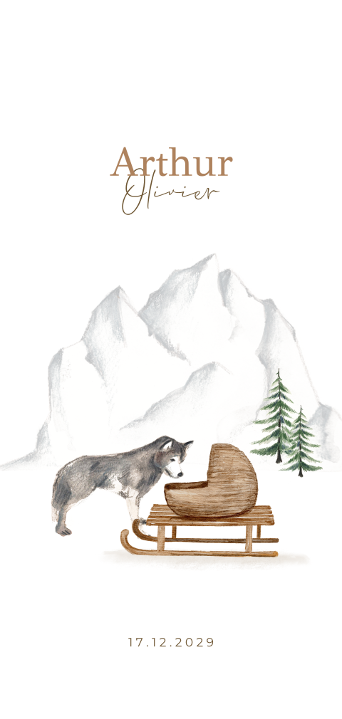 Winter geboortekaartje getekend slee met wiegje en wolf