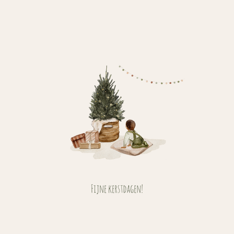 Kerstkaart baby eerste kerst getekend met cadeaus en kerstboom