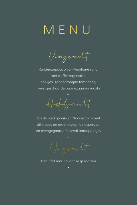 Donkergroene menukaart bruiloft goudfolie chique en ronde hoeken