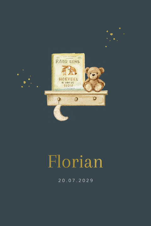 Blauw geboortekaartje babykamer wandplank teddybeer goudfolie