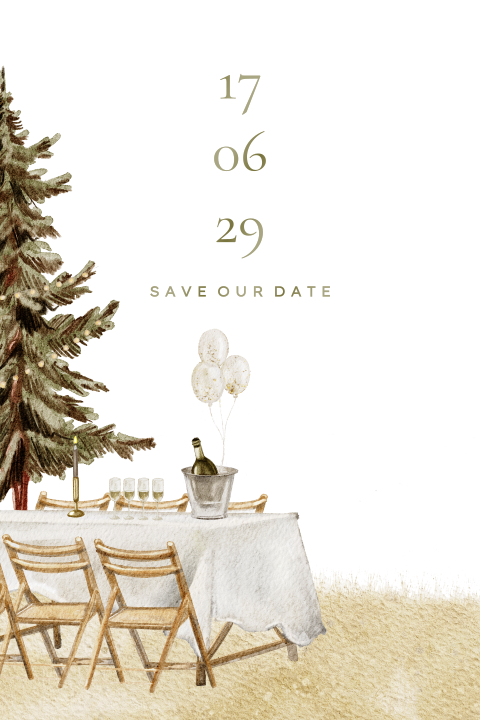 Save the date kaart getekend trouwen in het bos feestelijke tafel
