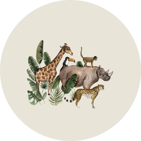 Sticker voor een geboortekaartje met jungledieren