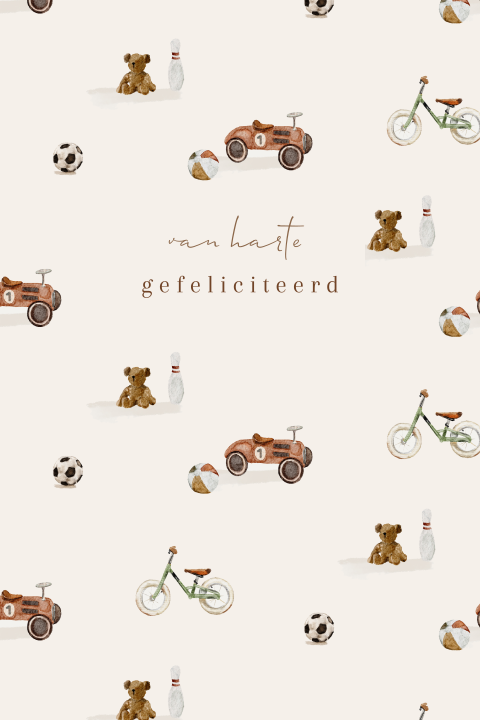 Wenskaart met illustratie speelgoed verjaardag