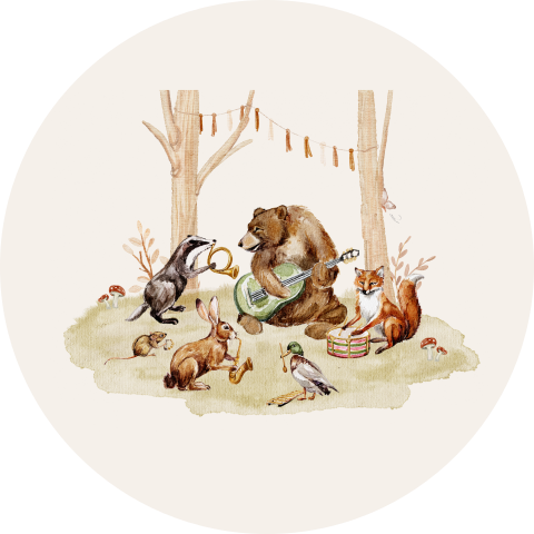 Sluitsticker met een feestje in het bos met getekende bosdieren