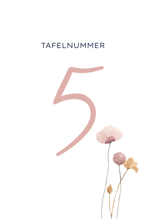 Tafelnummer bruiloft diner roze veldbloemen