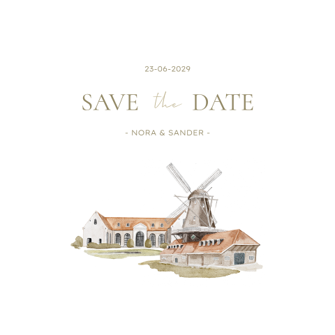 save the date kaart met trouwlocatie molen de zwaluw