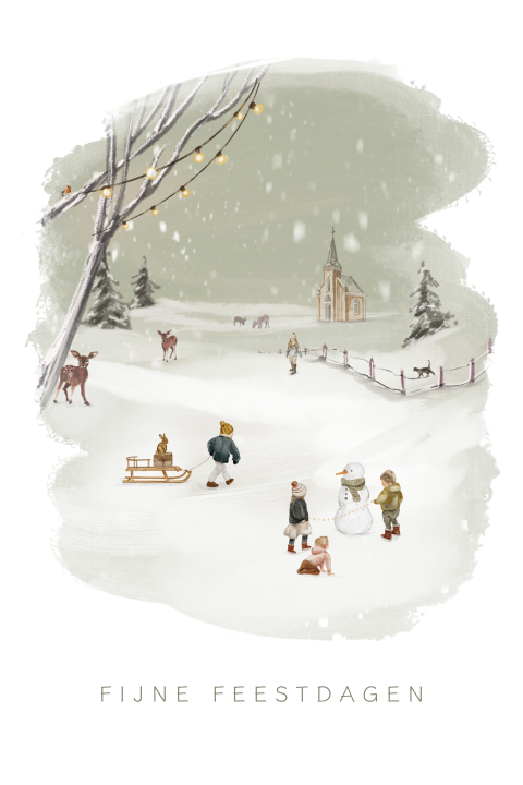 Getekende kerstkaart winter landschap kinderen spelen sneeuw