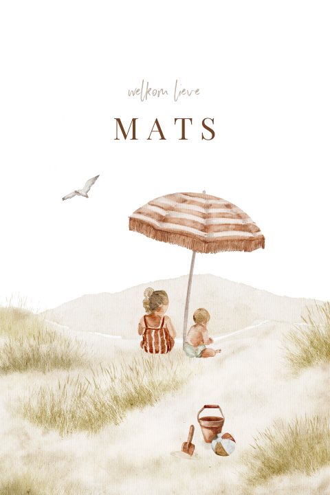 Lief zomer geboortekaartje voor broertje met duinen en een parasol