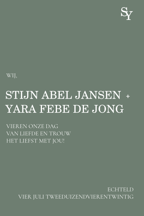 Groene trouwkaart met typografie en initialen
