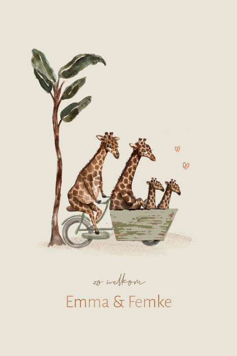 Enkel geboortekaartje tweeling giraffen bakfiets jungle