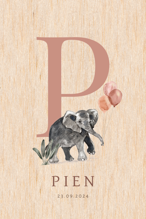 Geboortekaartje van echt hout met een initiaal en olifant