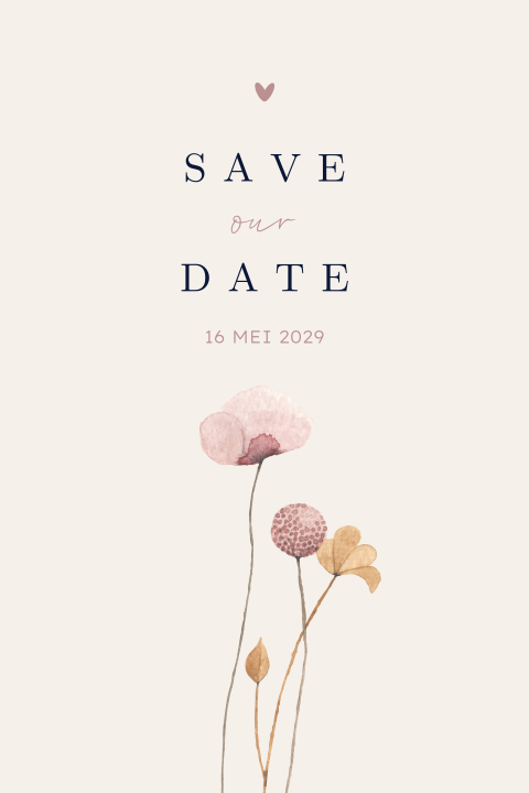 Save the date kaart met roze bloemen en ronde hoeken