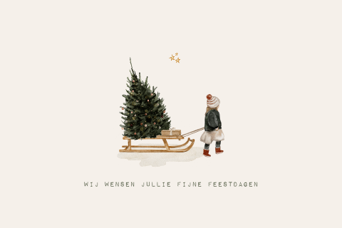 Kerstkaart illustratie kerstboom op slee met meisje