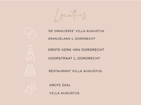 Roze label met locaties voor bij een trouwkaart