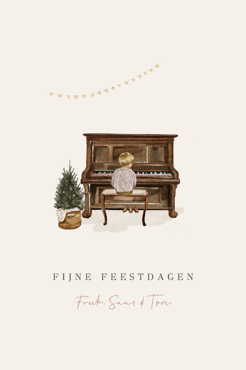 Kerstkaart met illustratie van een piano met kerstboom en jongen
