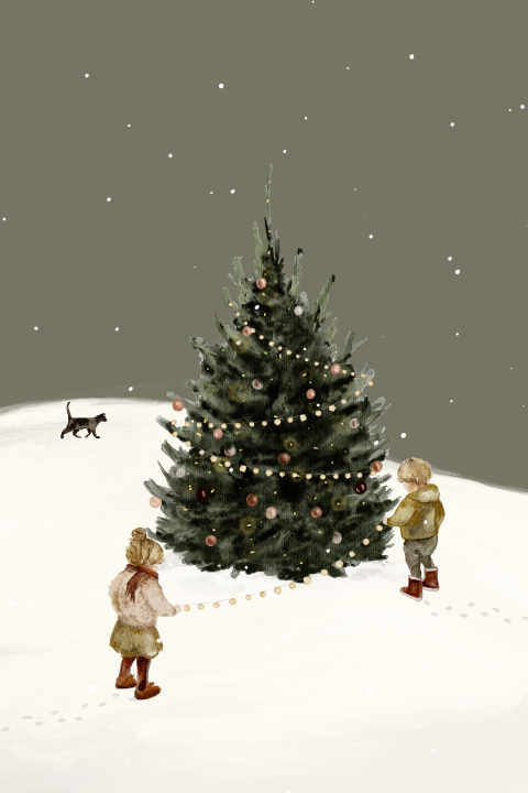 Getekende kerstkaart met kindjes die een kerstboom versieren