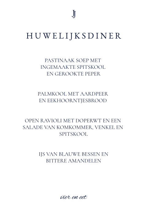 Menukaart bruiloft donkerblauw stijlvol initialen