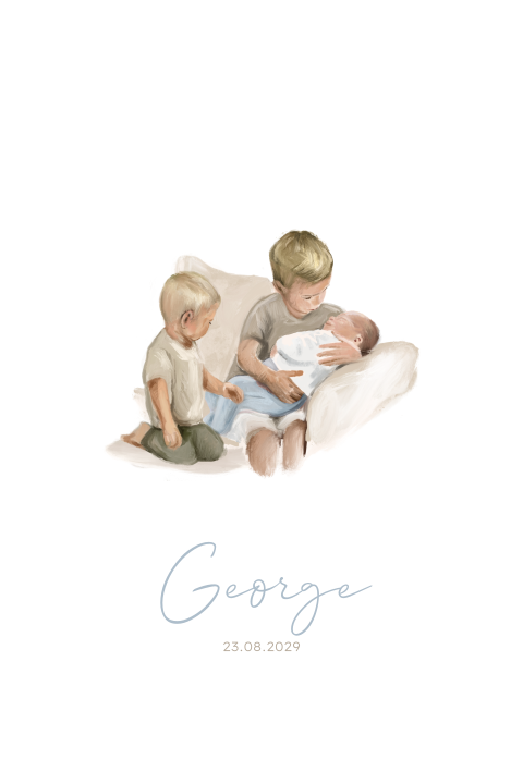 Lief getekend geboortekaartje derde kindje broers met baby