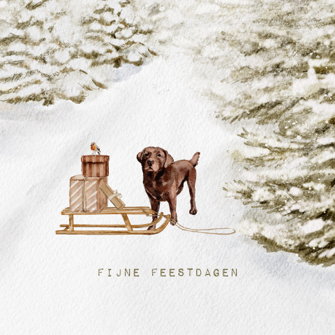 Kerstkaart getekend slee cadeaus en bruine labrador in sneeuw