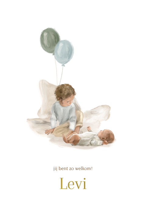 Geschilderd geboortekaartje broertje ballonnen lief uniek