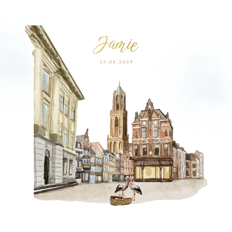 Getekend geboortekaartje stad Utrecht met ooievaars