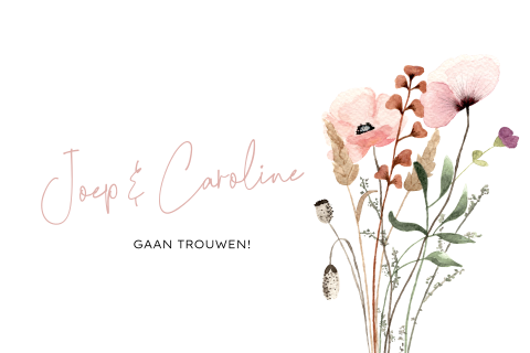 Minimalistische trouwkaart met handgeschilderde plukbloemen