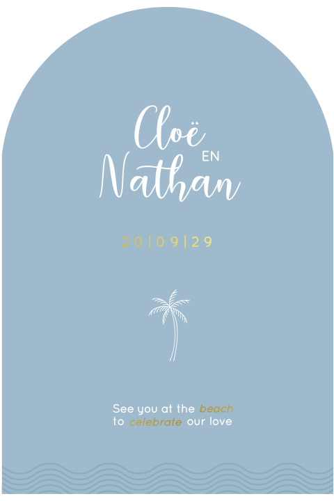 boogvorm trouwkaart strand blauw met palmboom en goudfolie