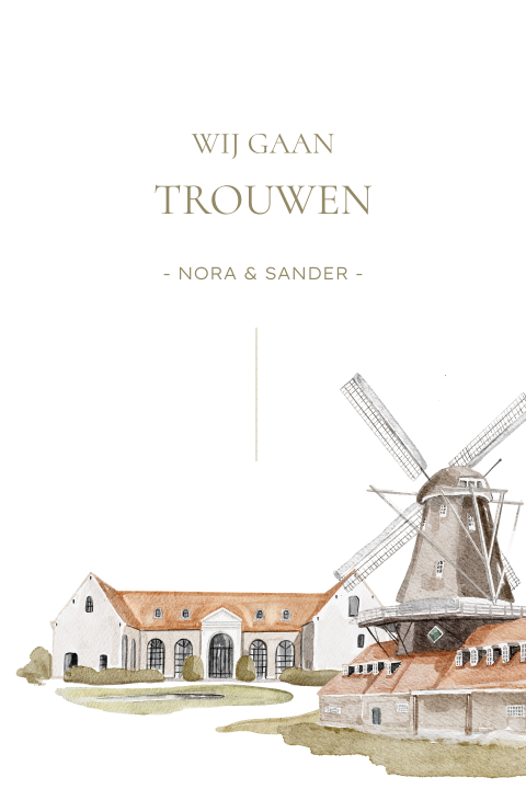 Unieke trouwkaart illustratie aquarel trouwlocatie molen de zwaluw