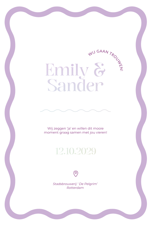 moderne lila trouwkaart met holografisch folie en golfrand