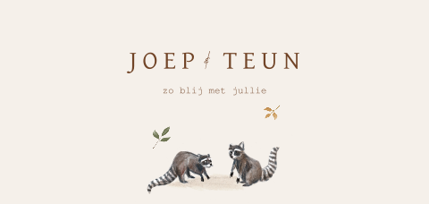 Lief tweeling geboortekaartje met wasberen en bladeren
