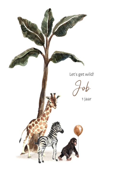 Uitnodiging feestje 1 jaar jungle dieren ballon