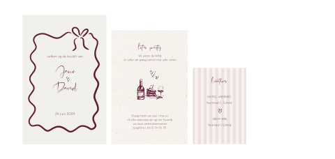 trouwkaart pocketfold kersenrood met pentekeningen getekend