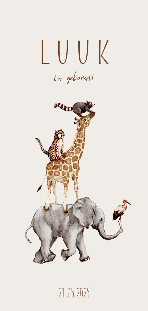 Geboortekaartje voor een jongen met een vrolijke stapel jungledieren