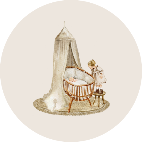 Sluitzegel geboortekaartje wieg met zusje illustratie