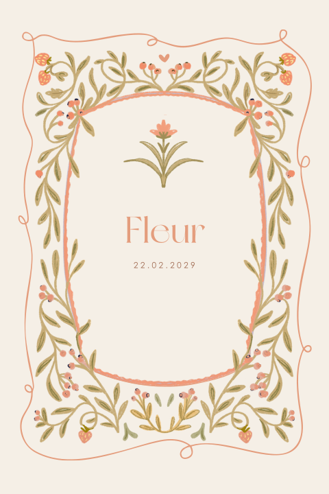 botanisch geboortekaartje meisje groen takjes aardbeitjes